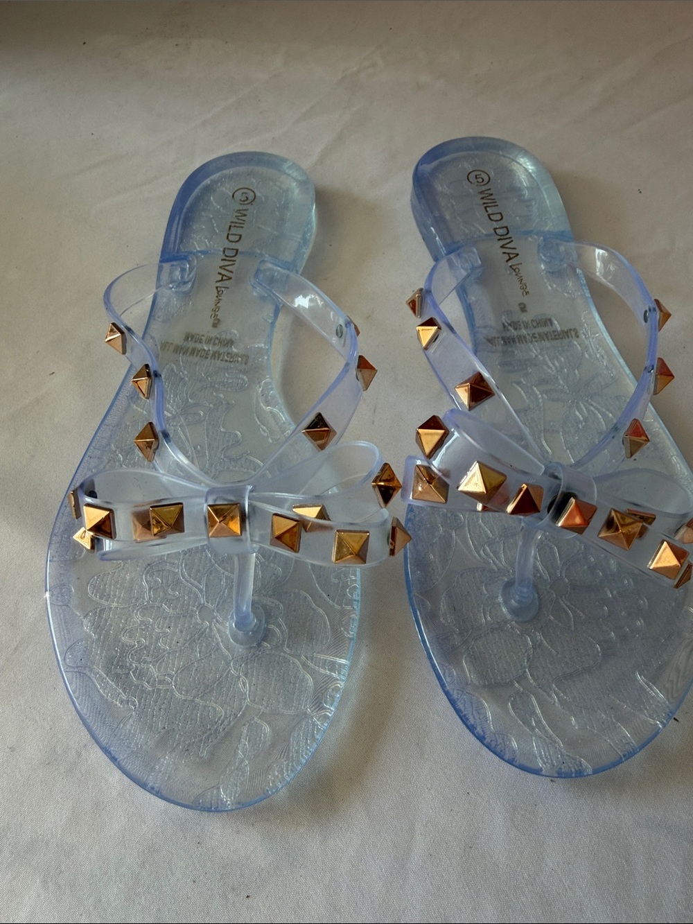 Wild Diva Light Blue Jelly Sandals with Gold Pyramid Studs